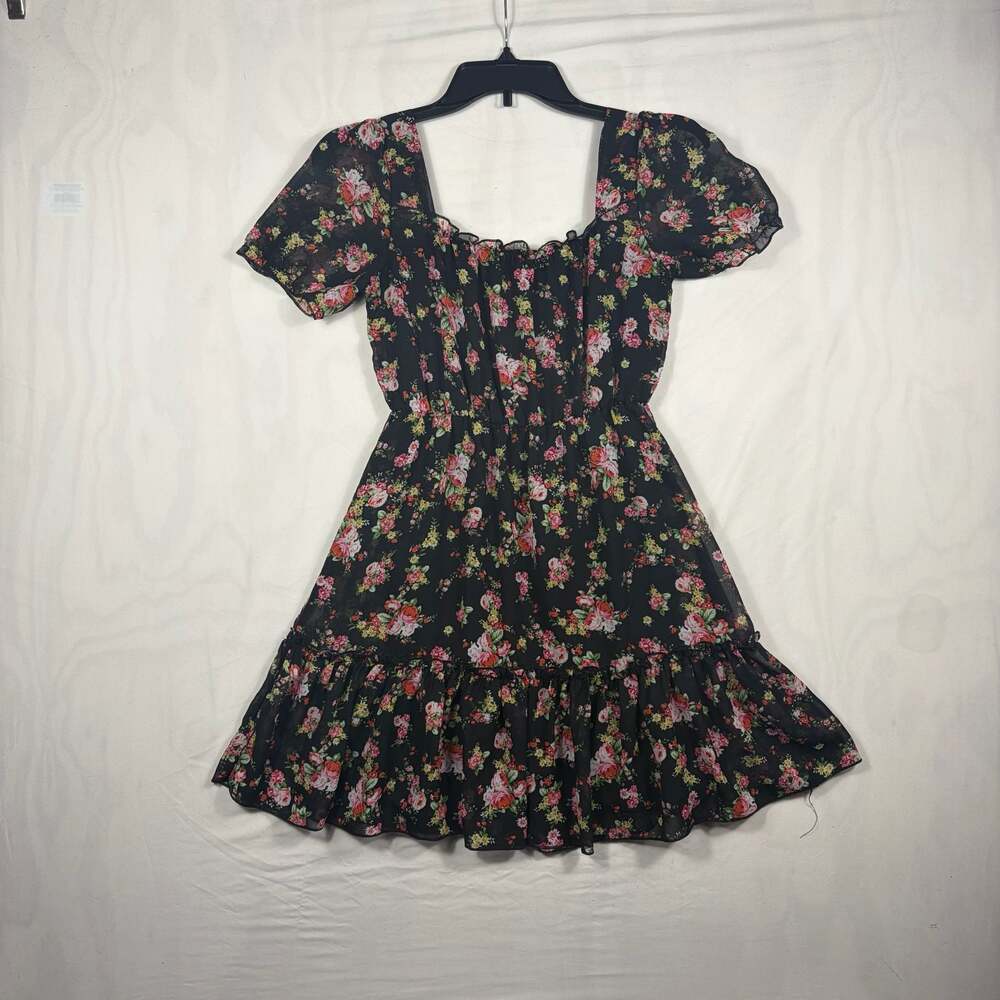 Heartsoul Black Floral Print Short Puff Sleeve Ruffle Hem Mini Dress Size S